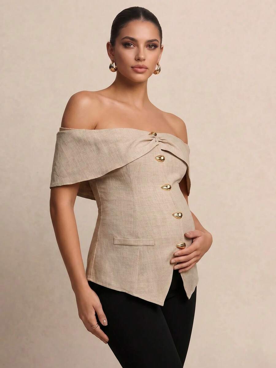MaterniChic A Maternity Blouse With Metal Button Embellishments, A Slit Hem, And Off-The-Shoulder Design, In Apricot Color, Perfect For An Elegant Summer Look. - Khaki - View 1