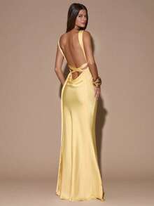 SHEIN Tall CURVE CURVE 大尺碼黃色夏季優雅性感婚禮正式早午餐賓客禮服，高個女性深V領露背魚尾長款派對晚禮服 - 淡黃色 - 查看 15