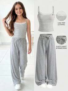 SHEIN Girlism Tween Girl Striped Camisole Top And Long Pants Set - Grey - View 6