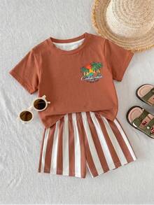 Baby Boy Simple Coconut Tree Print T-Shirt And Striped Shorts Set, Suitable For Summer Beach Holiday Cute Versatile Comfy - White - View 4