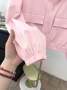 SHEIN 青少年女孩編織純色貼袋短版寬鬆休閒街頭風連帽外套，適合秋季與夏季 - 粉色 - 查看 5