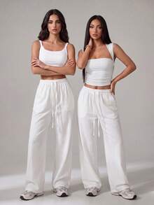 SHEIN Tall 女款夏季鄉村音樂會外穿海灘波希米亞風基礎極簡水洗100%純棉白色弧形下擺寬腿運動褲海灘褲，適合高個女性 - 白色 - 查看 3