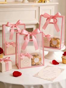 12pcs Transparent Gift Bags With White Edges And Satin Bow Tie; Reusable Clear PVC Tote Bags; Suitable For Wedding, Bridal Shower, Birthday Gift Wrapping, Baby Christening Also Suitable For Displaying Fresh Flowers In Boutiques - Transparent Pink-edged Gift Bag (with Ribbon) - View 9