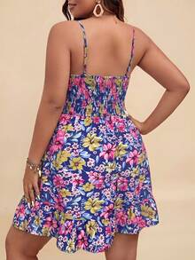 Travachic WYWH Women Vacation Summer Break Plus Floral Print Ruffle Hem Cami Flower Dress Beach Navy Blue Boho - Multicolor - View 2