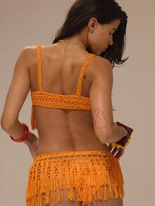 Musera Resort Orange Crochet Knit Tassel Bikini Top - Orange - View 4