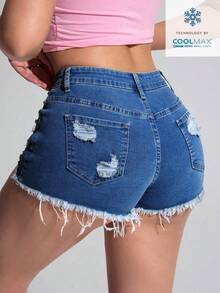 Jeanoix Summer Casual Distressed Denim Shorts - Dark Wash - View 2