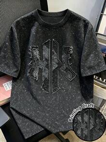 Manfinity Joysei 美式復古紮染做舊雪花水洗 NY 仿丹寧拼接字母印花 T-shirt，街頭極簡短袖圓領上衣，中性休閒男女款圖案 T-shirt，夏季戶外半袖衫 - 彩色 - 查看 1