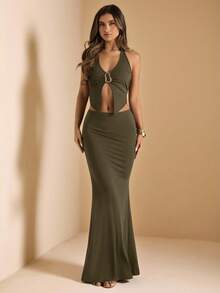 SHEIN BAE Women's Halter Neck Metal Buckle Decor Open Front Sexy Top Mid-Low Waist Mermaid Skirt Knit Two Pieces Set Olive Green Outfit Vacation Set Backless - Army Green - View 5