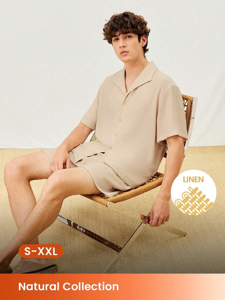 LUVLETTE Men's Linen Summer Minimalist Cozy Beige Pajama Set Short-Sleeve Button Top & Shorts Sleek Comfortable Lounge Wear - Khaki - View 1