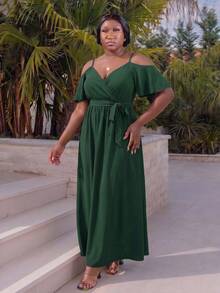 CurvyTilda Plus Size Plain Sleeveless Casual Dress, Simple & Fashionable For Everyday Wear Elegant Summer - Dark Green - View 3