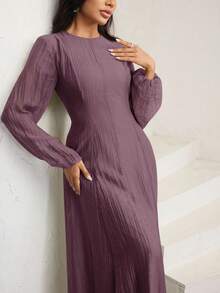 Veilorie 3/4 Sleeve High Neck Waist Gather Ruched Elegant Versatile Dress - Purple - View 4