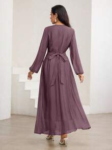 Veilorie 3/4 Sleeve High Neck Waist Gather Ruched Elegant Versatile Dress - Purple - View 7