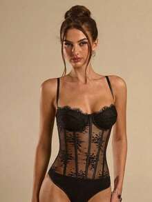 SHEIN BAE 女士黑色透视性感蕾丝连体衣，优雅性感连体衣，黑色连体衣 - 黑色 - 查看 1