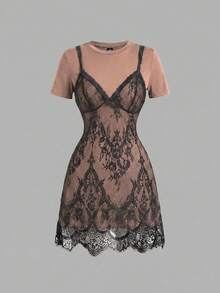 SHEIN MOD 蕾絲 2 合 1 時尚短袖休閒優雅性感短洋裝，黑色花卉，適合夏季夜晚外出、約會之夜、萬聖節、返校季 - 棕色 - 查看 3