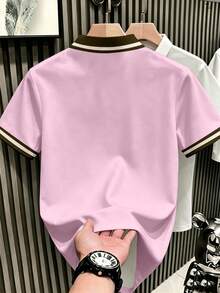 Manfinity Hypemode 男士新款粉色與棕色對比領 Polo 衫，NEW YORK 字母刺繡，休閒商務休閒 T 恤，開學季畢業季夏季款 - 彩色 - 查看 2