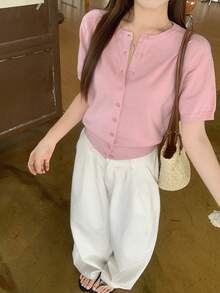 DAZY 女款素色單排扣休閒百搭日常短袖開襟衫 - 粉色 - 查看 5