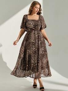 Chikora Plus Size Summer Fashion Leopard Print Dress - Brown - View 5