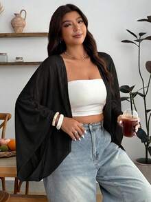 Enliva Plus Size Women's Solid Color Cardigan Shawl, Suitable For Vacation, Daily Wear, Beach Holiday Fall - Black - View 2