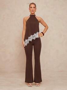 Lumalex Brown Chocolate Brown Halter Top Flare Pants Set High Neck Keyhole Back Asymmetric Lace Trim Hem Sleeveless Luxury Elegant Dinner Night Summer - Multicolor - View 8