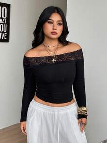 Coolane Atasan Wanita Ukuran Besar untuk Musim Gugur dan Musim Dingin, Elegan, Pakaian Sehari-hari, Kasual, Hitam, Elastis, Nyaman, dengan Patchwork Renda, Bahu Terbuka, Cocok untuk Halloween. - Hitam - View 4