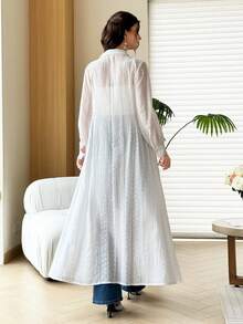Yasmyna 極簡微光澤提花女款修身長洋裝 高領開襟式阿拉伯長袍 - 白色 - 查看 5