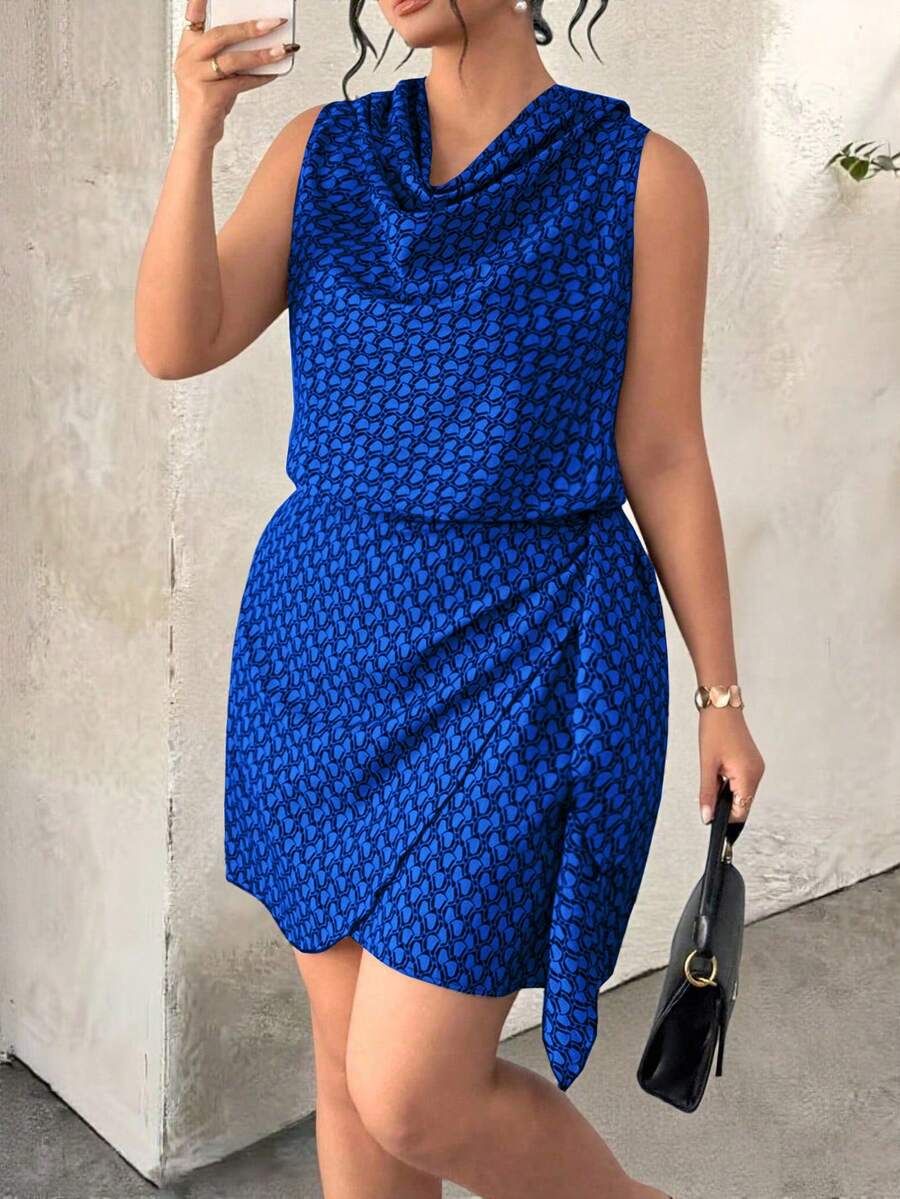 SHEIN Clasi Plus Size Women's Woven Printed Ruched Neck Asymmetrical Tie Elegant Summer Sleeveless Vacation Dress Formal Evening Blue - Blue - View 1
