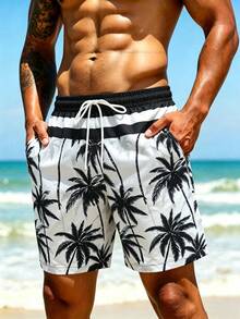 Surfspeed Pantalones cortos de playa con estampado de palmeras y cintura con cordón para hombre de talla grande - Blanco y Negro - Ver 3