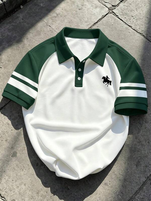 Chillumni Men's Classic Striped Green & White Colorblock Horse Logo Polo Shirt With Collar And Buttons, Summer Essential