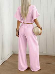 SHEIN EZwear 女款紋理時尚修身上衣與寬鬆休閒長褲家居服套裝 - 淺粉色 - 查看 2