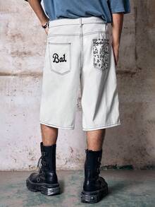 Skyrend Men White Summmer Streetwear City Break Vintage Loose Wide Leg Denim Shorts,Rivet Design,Letter,Music Note & Smiling Face Prints Casual Daily Wear - White - View 2