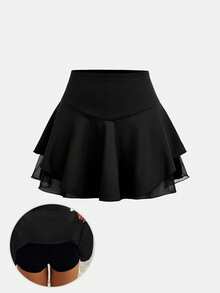 SHEIN Tween女孩運動風黑色休閒百搭裙褲 - 黑色 - View 6
