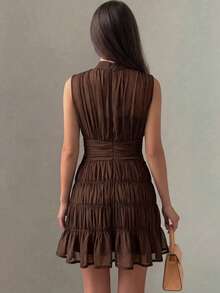 Modelyn Vestido de cóctel elegante y romántico estilo francés para mujer, color marrón café, de gasa, sin mangas, con cintura fruncida, para vacaciones y fiestas - Café integral - Ver 2
