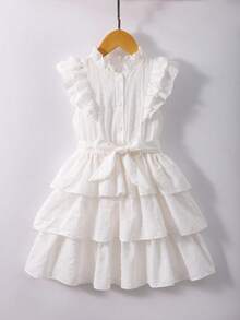 Elladie kids Vestido de niña con mangas cortas, cinturón y volantes en el bajo, de unicolor - Blanco - Ver 6