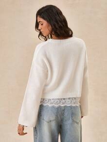 Easelle Vintage Casual Elegant Bohemian Round Neck Lace Patchwork Women's Sweater Evening White Autumn - White - View 5
