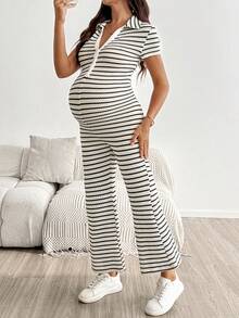 SHEIN Maternity Summer Casual Striped Jumpsuit Autumn Outfit Work Outfits - Multicolor - View 4