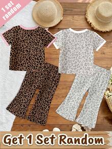 (Random 2 Sets, Send 1 Set)Baby Girl Fashion Personalized Leopard Print Knight Horse Pattern Striped Print Basic Short T-Shirt & Flared Long Pants Set - Multicolor - View 2