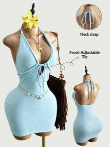 Zolique Vestido corto elegante y sexy de unicolor con cuello halter y cintura anudada, estilo tropical para fiesta, vacaciones y playa, azul claro, verano para mujer - Azul - Ver 7
