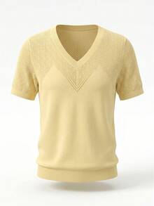 valorelle valorelle Women's Vintage V-Neck Diamond Hollow Patchwork Short Sleeve Ribbed Knit Top - Yellow - View 8