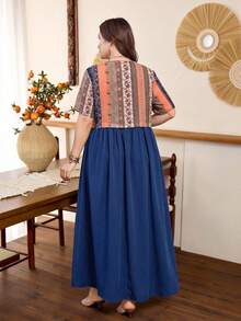 Lacomfia Minimalist Boho Traditional Casual Solid Color Patchwork Print Short Sleeve Loose Regular Fit Plus Size Dress Spring Summer Brunch Birthday Navy Blue - Multicolor - View 2
