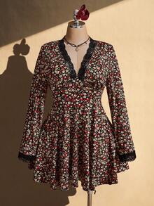 SHEIN ICON Plus Size Vintage 1960s Elegant Y2K Sexy V-Neck Lace Contrast Mesh Casual Floral Long Sleeve Dress Autumn Date Night Wedding Office Brown - Multicolor - View 5
