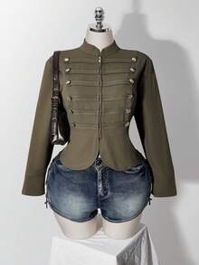 SHEIN ICON 女款大尺碼街頭時尚長袖拉鍊雙排扣夾克 - 軍綠色 - 查看 6