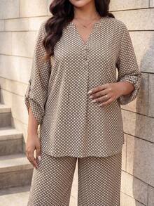 Auveirra 2 Pieces Set Plus Size Women Casual Plaid Print Long Sleeve Loose Shirt & Pants Set,Navy And White,Autumn,Boho,Vacation Outfits,Simple Elegant - Multicolor - View 8