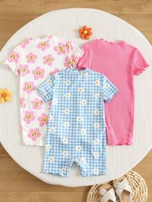 SHEIN 6 PCS, GET 3 PCS RANDOM, 3pcs Baby Girl Casual Comfortable Daily Versatile Floral Face And Blue & White Plaid Daisy Pattern Striped Knit Soft Round Neck Short Sleeve Romper Suitable For Summer, Travel, Vacation, Spring And Summer - Multicolor - View 2