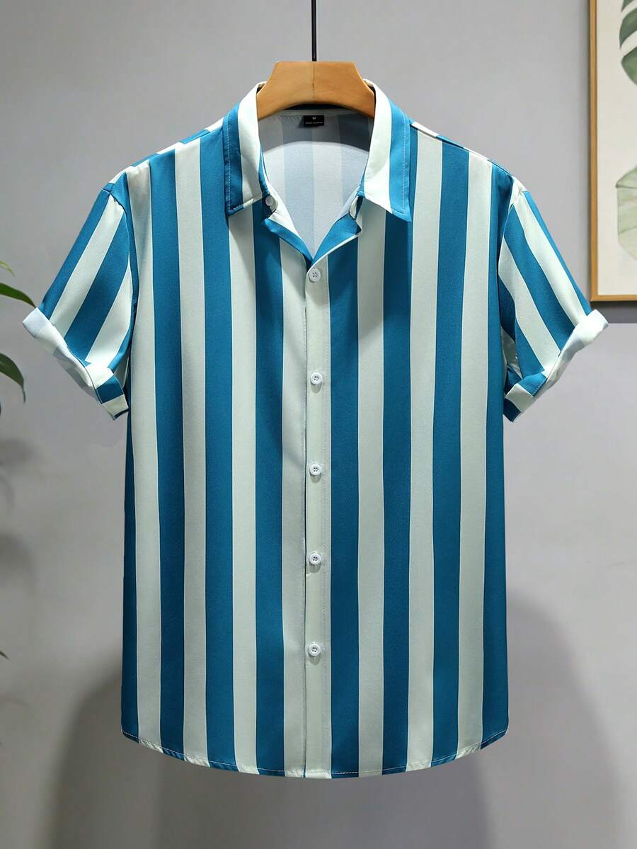 Manfinity Homme Camisa casual de manga corta con rayas y un solo botón para hombre (corte aleatorio) - Multicolor - Ver 1
