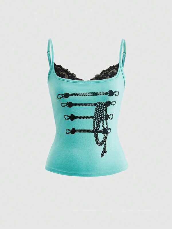 ROMWE Summer Y2K Hot Girl Lace Patchwork 2 In 1 Design Mint Green Napoleon Rope Print Fitted Tank Top