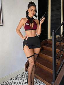 Fantasy Costume Fantasy Costume 女款性感警察服裝套裝，含領帶、修身開衩裙與魚網襪，5件組 - 酒紅色 - 查看 4