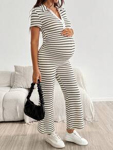 SHEIN Maternity Summer Casual Striped Jumpsuit Autumn Outfit Work Outfits - Multicolor - View 5