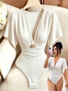 Elenzga Bodysuit Elegan Baru Model V-Neck Rajut Bertekstur dengan Detail Lipatan di Bagian Dada, Lengan Berkerut, dan Pinggang yang Dikencangkan untuk Wanita - Aprikot - View 1