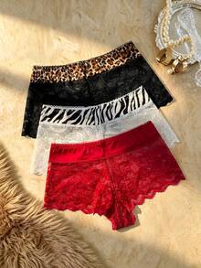 Bare Chapter 3pcs/Set Women's Sexy Lace Hipster Panties, Animal Print Briefs - Multicolor - View 2