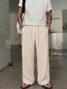 STEELVANCE Summer Linen Casual Vacation Striped Drawstring Men's Long Pants - Khaki - View 3
